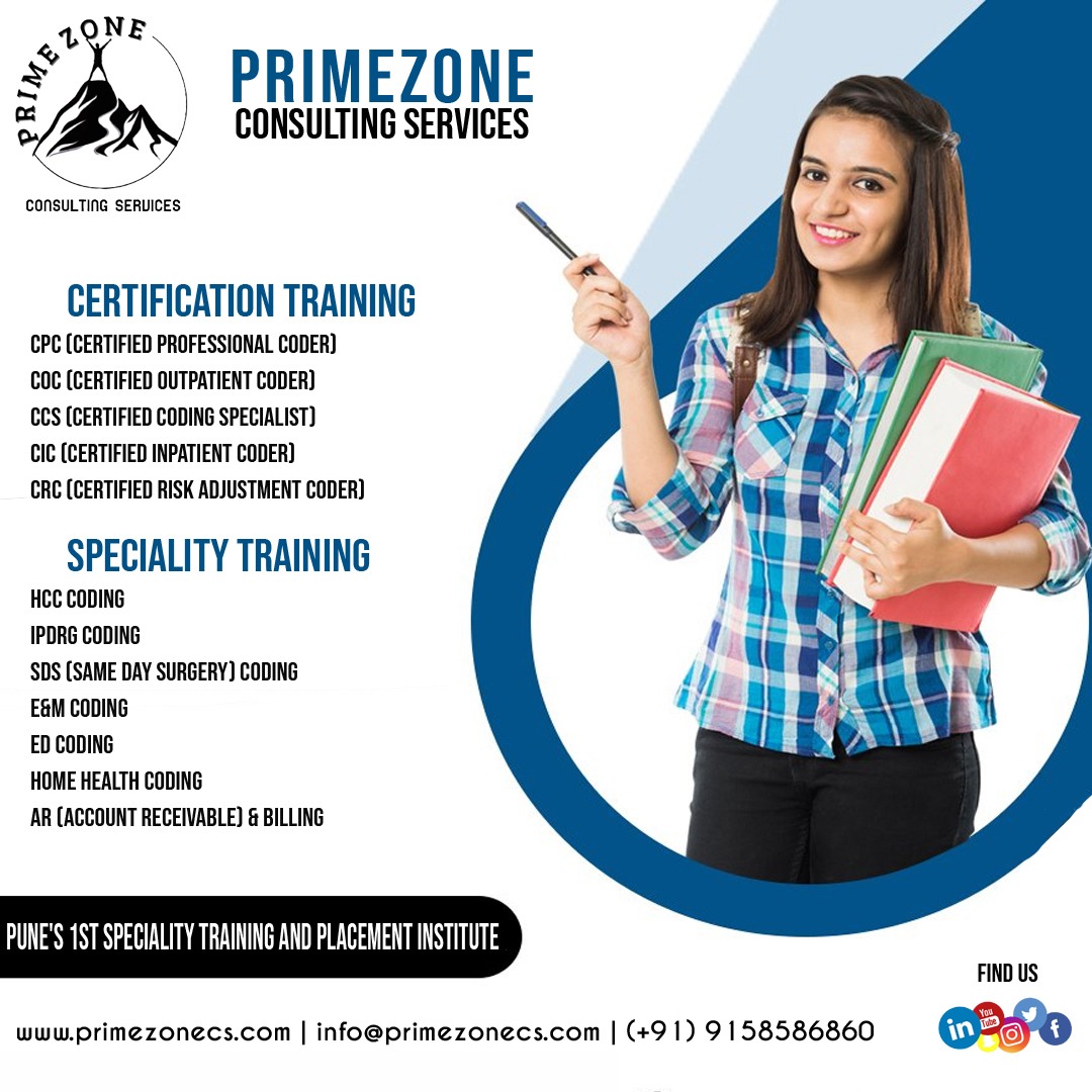 PrimeZone Consulting Services course brochure listing certification training (CPC, COC, CCS, CIC, CRC) and speciality training (HCC, IPDRG, SDS, E&M, ED, Home Health, AR & Billing)